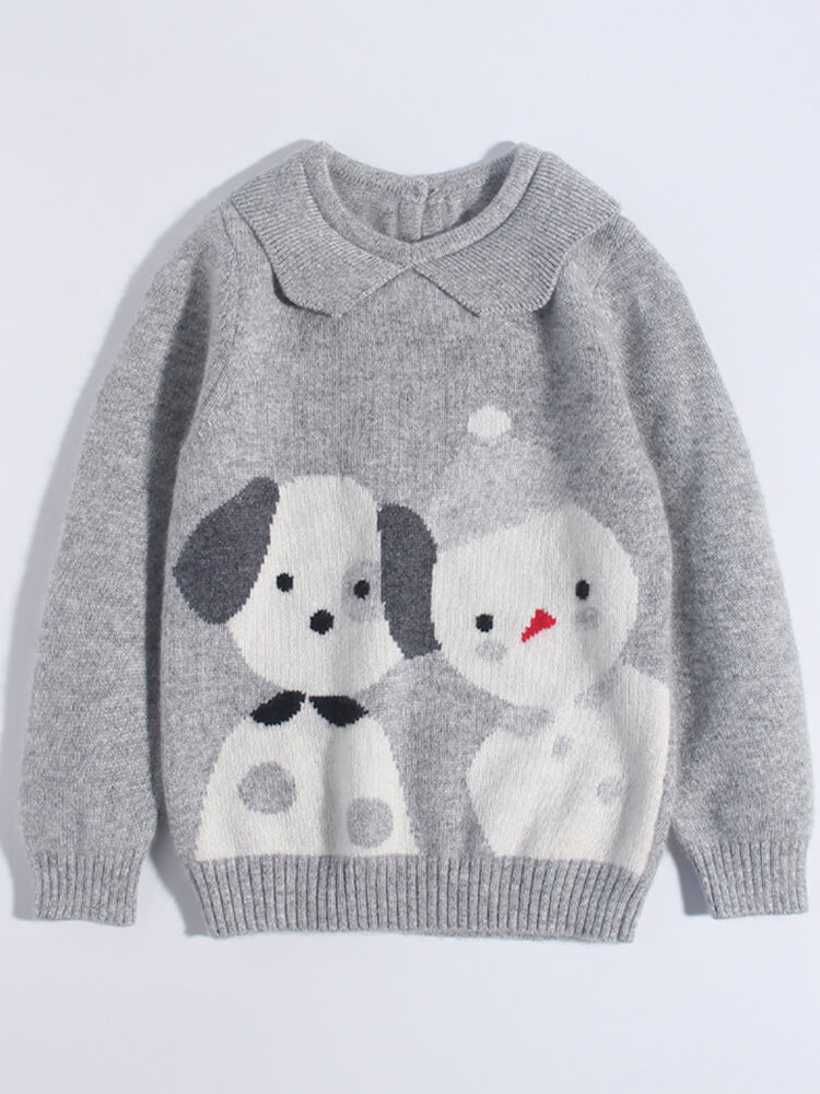 Kids Heather Grey Cashmere Sweater with Dog and Snowman Pattern